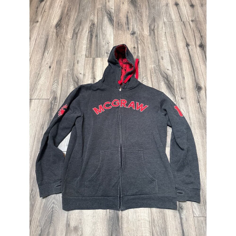 McGraw Charcoal Gray Cotton Blend Hoodie XL With Red Graphics & Pockets READ
